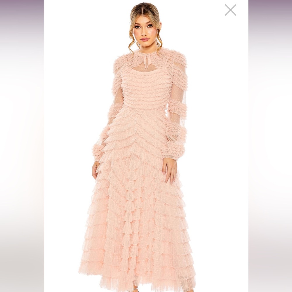Mac Duggal High Neck Puff Long Sleeve Ruffle Tiered Gown